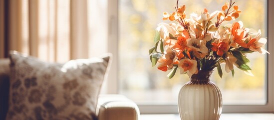 A beautiful bouquet of flowers is displayed in a vase on the wooden window sill near the couch,...