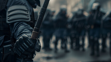Close-up of riot police with batons during a demonstration - obrazy, fototapety, plakaty