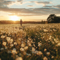 Fototapeta premium A man walking through a field of blooming wildflowers, the sun setting on the horizon, the warm light of the golden hour, freedom and connection with nature