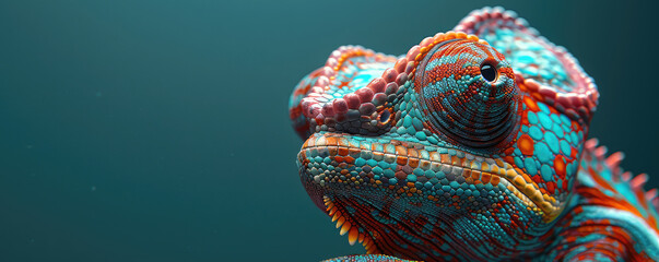 Obraz na płótnie Canvas A colorful chameleon with its head tilted to the side in a closeup shot against a blue color wallpaper