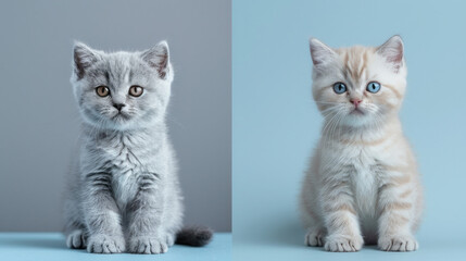 A British Shorthair kittens of silver color is elegantly posed against contrasting blue and gray backgrounds