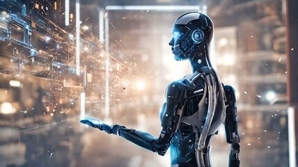 Naklejka premium Transformative power of technology as it enhances human capabilities, from artificial intelligence and robotics to augmented reality and beyond.
