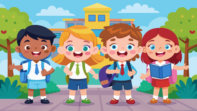 illustration of happy cartoon school children