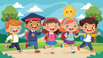 illustration of happy cartoon school children