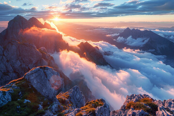 The sky is filled with clouds and the sun is setting behind the mountains