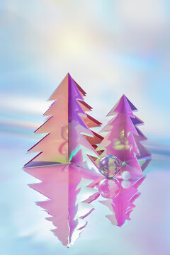 Christmas trees handcrafted from rainbow metallic material in studio