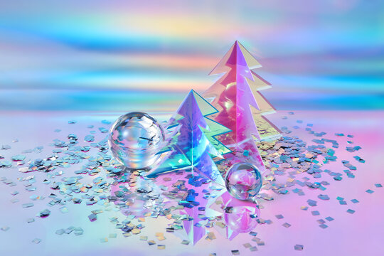 Christmas trees crafted from iridescent shiny foil with tinsel