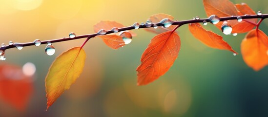 A macro photograph of a twig with amber leaves and water drops, set against a blue sky. Perfect for showcasing eyewear tints and shades - obrazy, fototapety, plakaty