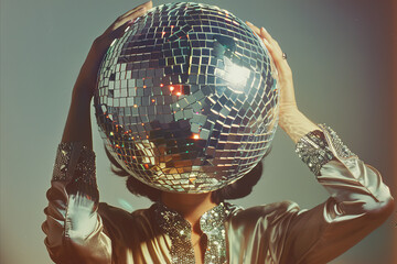 Vintage retro image of a person with a disco ball head. nightclub party portrait - 770915431