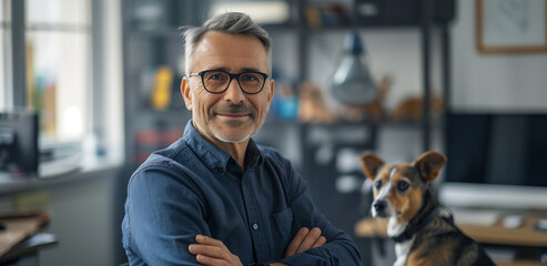 Geschäftsmann mit seinem Hund im Büro - obrazy, fototapety, plakaty