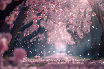 A path through a forest of cherry blossoms