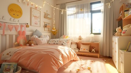 an AI-designed image of a child's room interior, emphasizing a plush bed and incorporating elements that contribute to a cozy and inviting feel