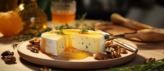 A delicious combination of cheese, honey, and walnuts served on a rustic wooden cutting board. This finger food delicacy is a perfect comfort food - obrazy, fototapety, plakaty