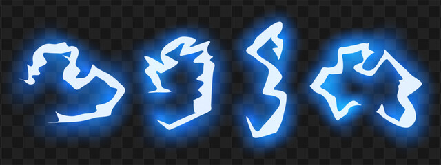 Cartoon animation of a lightning bolt. Blue glowing thunderbolt. Vector illustration. - obrazy, fototapety, plakaty