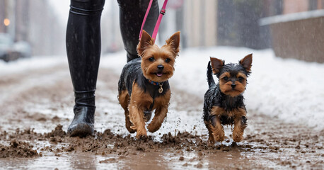 a dog walks in the mud and slush in the spring with its owner in a walk