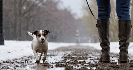 a dog walks in the mud and slush in the spring with its owner in a walk - obrazy, fototapety, plakaty