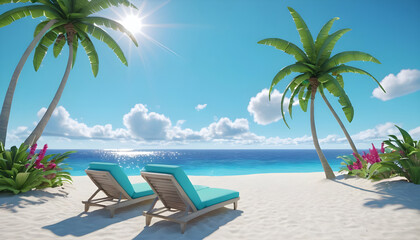 Beach white beautiful tropical  sand two sun loungers on background 6