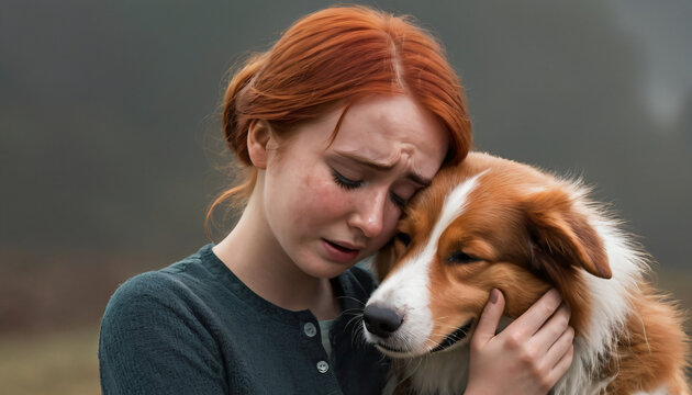 Young woman hugging her dog and crying