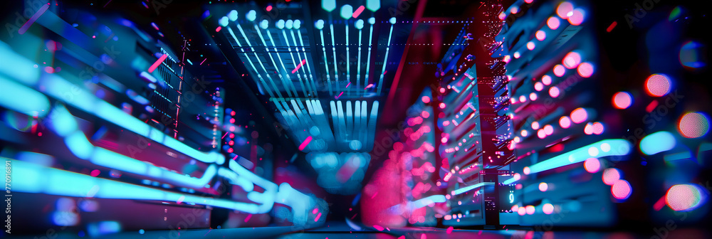 Wall mural through the neon gateway, abstract technology lines and light patterns open doors to the future