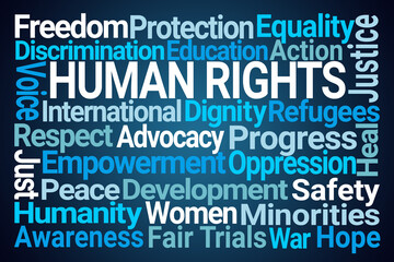 Human Rights Word Cloud on Blue Background