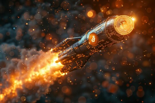 A radiant golden rocket, festooned with Bitcoin and altcoins, cuts through the darkness, navigating the tumultuous waves of stock market candles with unwavering ambition