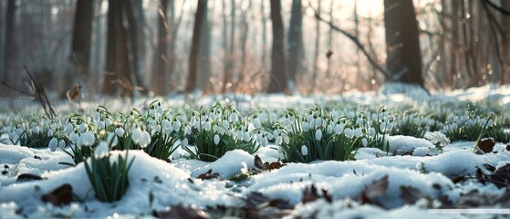 Serene panorama of a woodland glade with snowdrops blooming amid melting snow at dawn. - obrazy, fototapety, plakaty