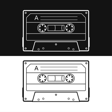 Retro audio cassette tape outline, a vector illustration set. Isolated on the black and white background