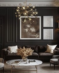 Black and white living room with a marble coffee table, a brass chandelier, black walls, modern art on the wall, elegant sofa chairs, a neutral color palette, golden accents, chic decor