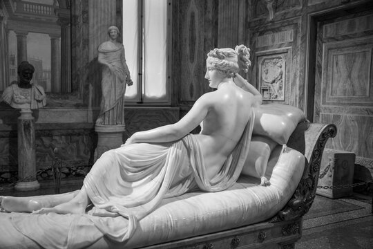 Rome, Italy - August 4th, 2022,: Pauline Bonaparte as Venus Victrix ("Venus Victorious") is a semi-nude life-size reclining neo-Classical portrait sculpture by the Italian sculptor Antonio Canova.