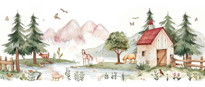 Whimsical farm animal set, featuring a horse and goose by a watercolor mill, alongside ranch pigs and goats, all depicted in charming Japanese watercolor style, perfect for cute designs