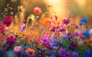Tranquil and enchanting sunset meadow filled with vibrant and colorful wildflowers in the golden hour of nature's beauty. Blooming under the warm evening light.
