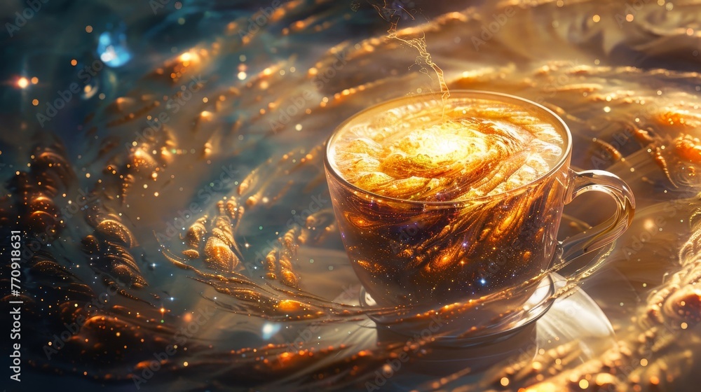Poster a cup of coffee is floating in space with a swirl of stars around it. the image has a dreamy, ethere
