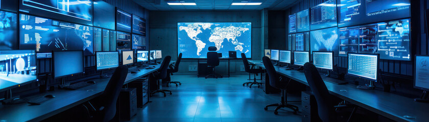 A security briefing room filled with monitors, where vigilance meets technology to protect peace