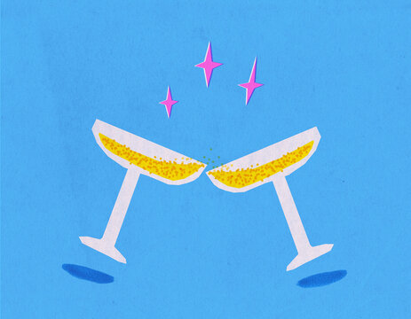 Party celebreation toasting with champagne, retro illustration