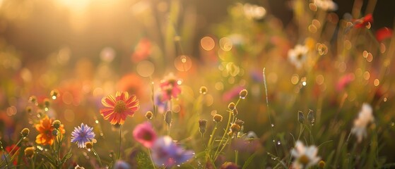 Serene and tranquil golden hour meadow bliss with vibrant wildflowers, blooming under the warm sunlight of the summer sunset in a peaceful and idyllic natural landscape. - obrazy, fototapety, plakaty