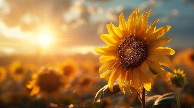 A sunflower is in a field with a bright sun in the background. The sunflower is the main focus of the image, and it is surrounded by other sunflowers. The bright sun in the background creates a warm