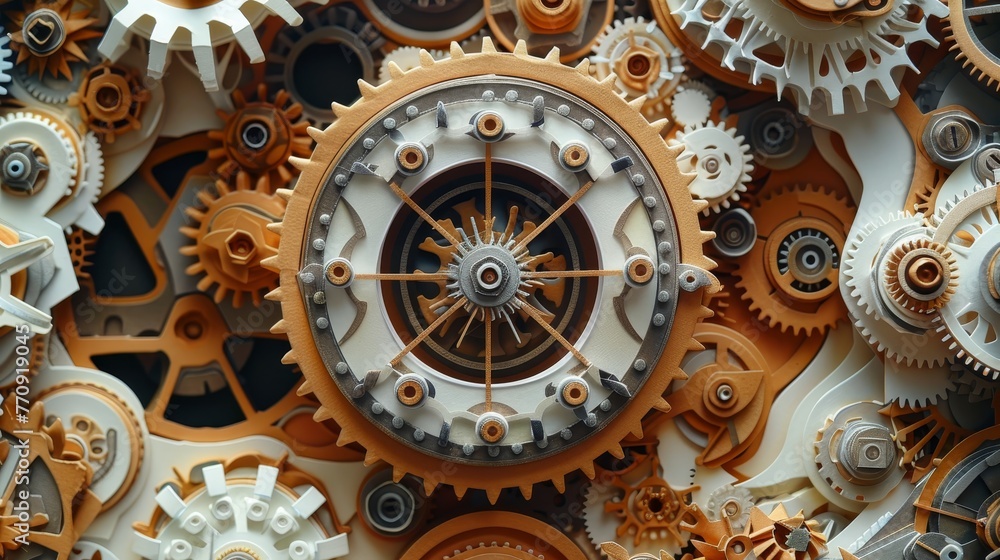 Poster a close up of a clock with many gears and a large wheel. the gears are all different sizes and color
