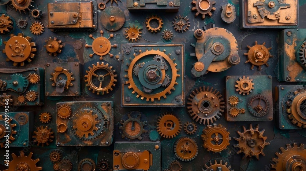 Aufkleber the image is a collage of various gears and clockwork parts, creating a sense of nostalgia and a fee