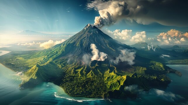 A beautiful island with a volcano in the background. The volcano is spewing smoke and ash into the sky