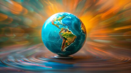 A globe of the earth is floating on a wave of water. The globe is blue and white and is surrounded by a blurry orange and green background. Concept of movement and fluidity