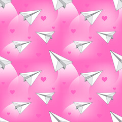 Paper airplanes against a background of pink sky with hearts. Seamless pattern, background, print, vector illustration