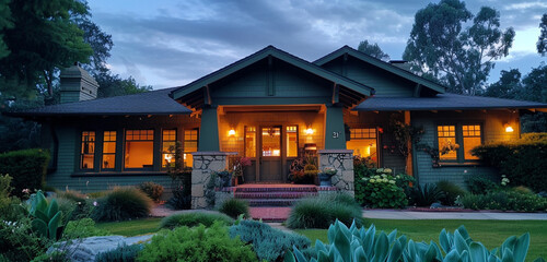 Dawn casting a soft glow on a sage Craftsman style house, suburban tranquility with the day's first light, peaceful and serene awakening - obrazy, fototapety, plakaty