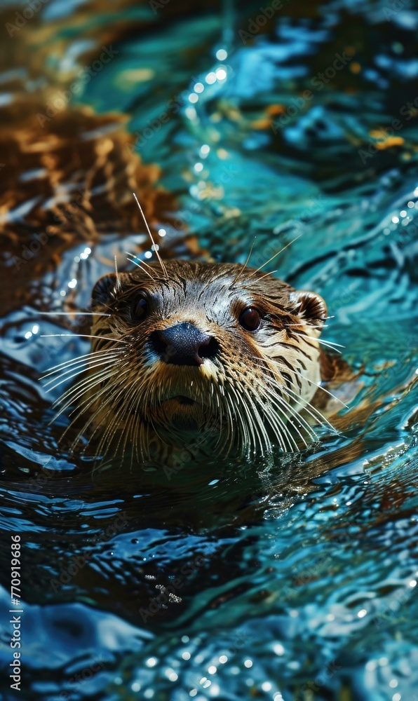 Poster a close up of an otter swimming in the water with its eyes open. generative ai.