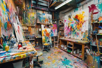 Fototapeta na wymiar An artist's studio in full creative chaos, paint splattered everywhere, canvases in various stages of completion, vibrant colors clashing and blending. Resplendent.