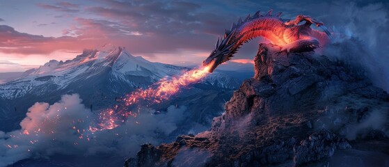 Epic fantasy scene of a fiery dragon emerging from a volcanic eruption against a dramatic sky. - obrazy, fototapety, plakaty