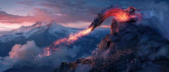 Foto auf Alu-Dibond Epic fantasy scene of a fiery dragon emerging from a volcanic eruption against a dramatic sky. © burntime555
