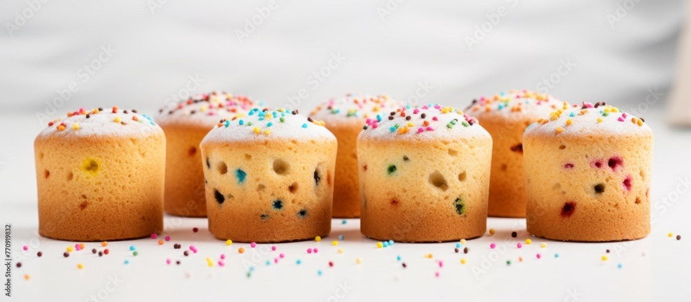 Poster a row of delicious cupcakes topped with colorful sprinkles displayed on a table, tempting and ready 