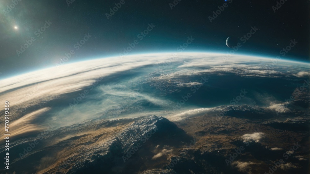 Poster a view of the earth from space with a crescent moon. generative ai.