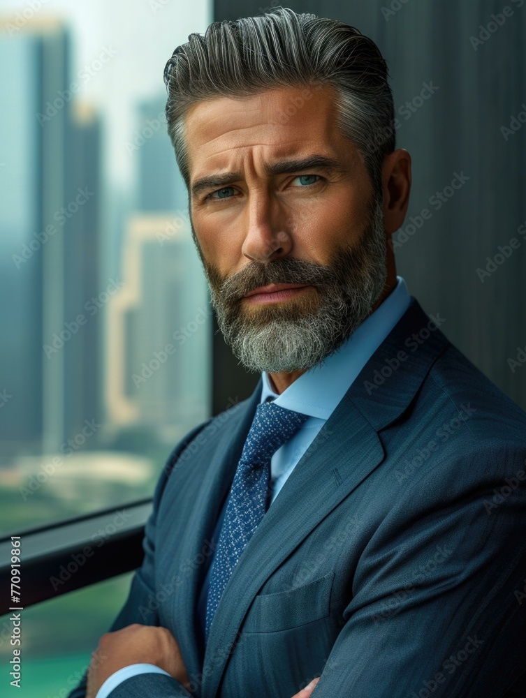 Aufkleber a man with a beard and mustache standing in front of window. generative ai.
