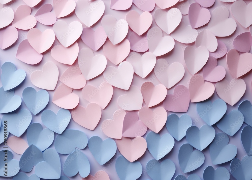 Sticker A bunch of pink and blue hearts are arranged on a wall. Generative AI.